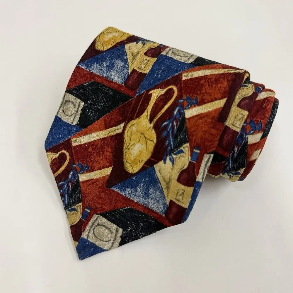 Ermenegildo Zegna Mens Silk Tie Wine Amphora Abstract Art Red Blue Gold Italy